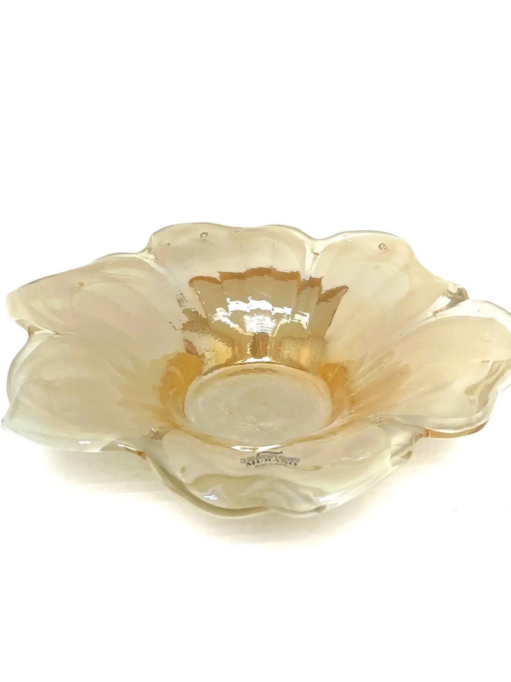 Hand Blown Murano Glass Amber Flower Bowl - Champagne Color